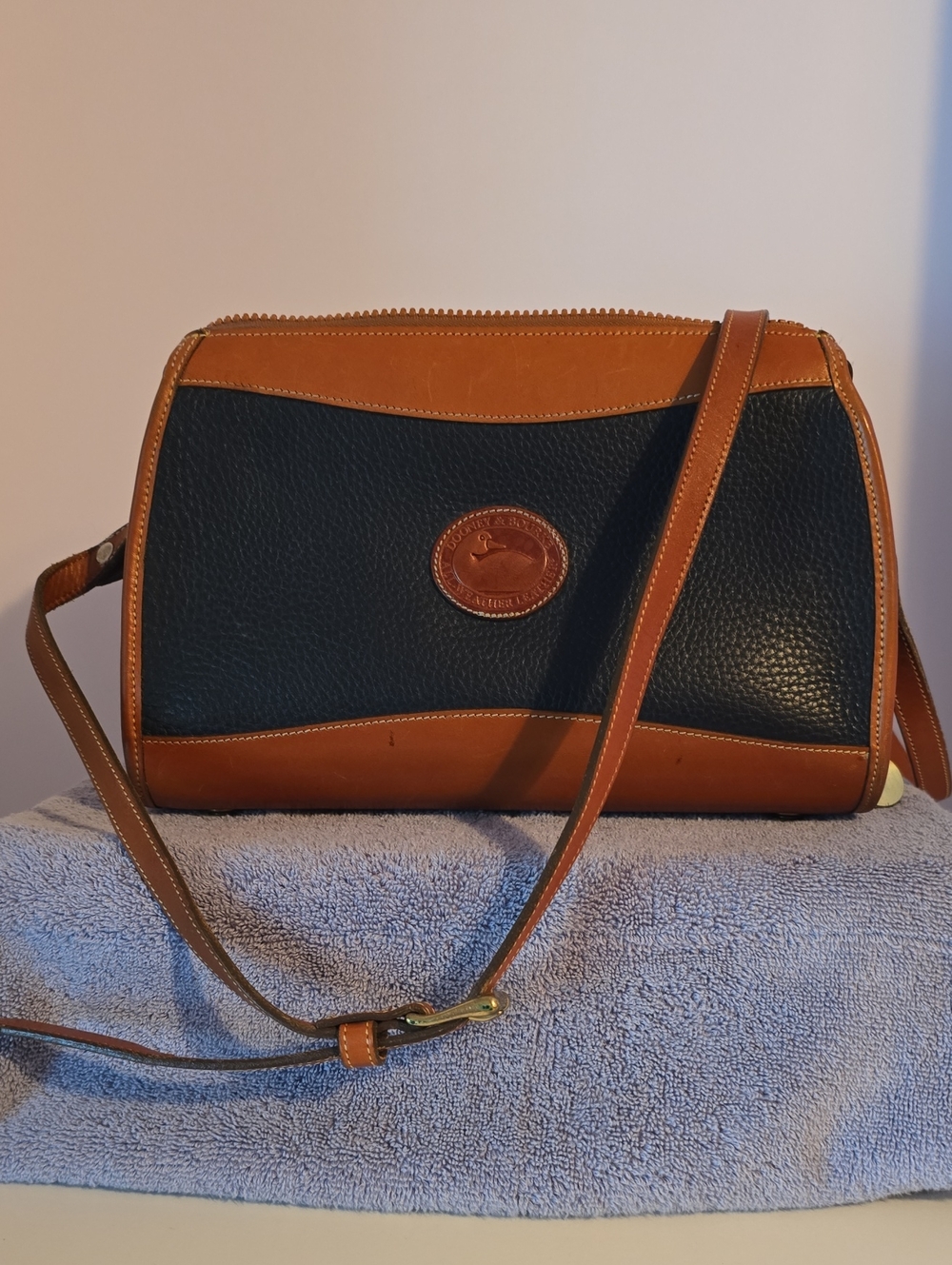 Dooney & Bourke Classic Two-Tone Pebbled Leather Crossbody in Navy and Brown